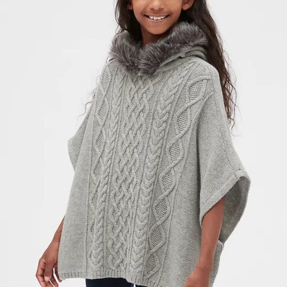 GAP Fur-Trim Hoodie Poncho Sweater size M in Heather Gray - Picture 2 of 9